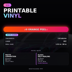 BodyGuard White Gloss Printable Vinyl — zero orange peel base film specs with matte and self-healing gloss lamination