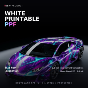 BodyGuard White Printable PPF — printed graphics wrap on a sports car under clear gloss PPF lamination